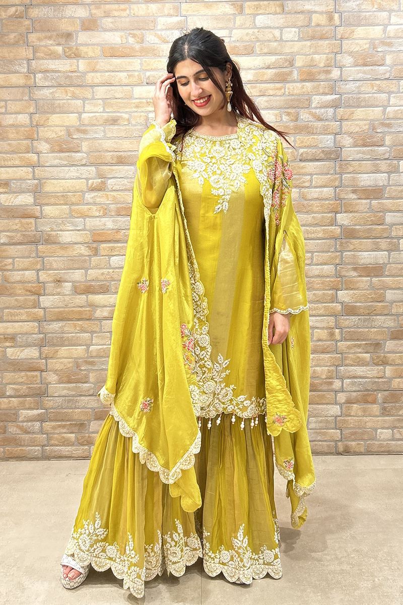 Creative Yellow Designer Gharara Suit for Haldi, Wedding, Reception, Festivals, Sangeet, and Parties