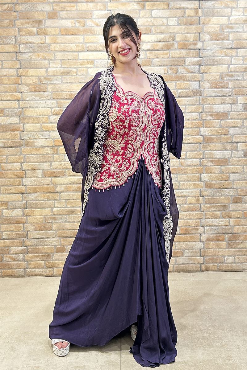 Dazzling Magenta and Navy Blue Designer Indo-Western Fusion Outfit for Reception, Sangeet, and Parties