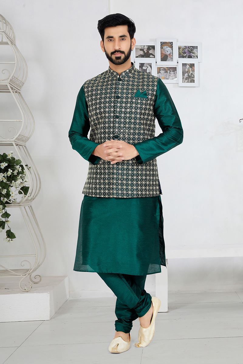 Artistic Rama Green Designer Men’s Kurta Jacket Sets for Engagement, Wedding, Festivals, Reception, Sangeet, and Party