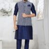 Classy Navy Blue and Blue Designer Men’s Kurta Jacket Sets for Engagement, Wedding, Festivals, Reception, Sangeet, and Party