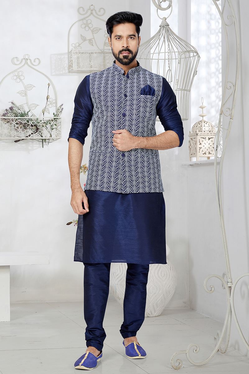 Classy Navy Blue and Blue Designer Men’s Kurta Jacket Sets for Engagement, Wedding, Festivals, Reception, Sangeet, and Party