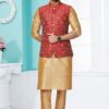 Enticing Chiku and Red Designer Men’s Kurta Jacket Sets for Engagement, Wedding, Festivals, Reception, Sangeet, and Party