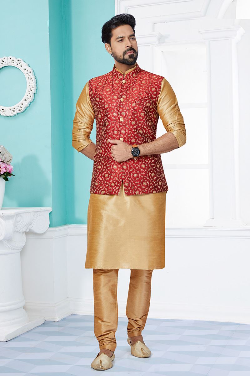 Enticing Chiku and Red Designer Men’s Kurta Jacket Sets for Engagement, Wedding, Festivals, Reception, Sangeet, and Party
