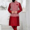 Splendid Maroon and Red Designer Men’s Kurta Jacket Sets for Engagement, Wedding, Festivals, Reception, Sangeet, and Party
