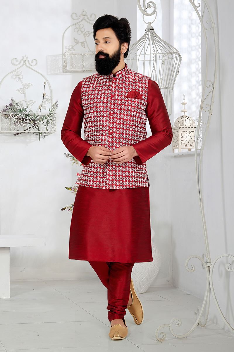 Splendid Maroon and Red Designer Men’s Kurta Jacket Sets for Engagement, Wedding, Festivals, Reception, Sangeet, and Party
