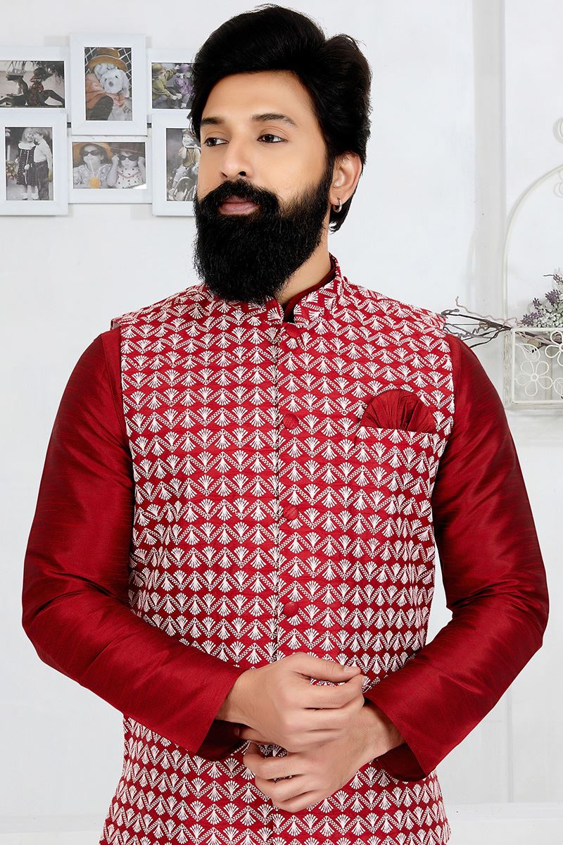 Splendid Maroon and Red Designer Men’s Kurta Jacket Sets for Engagement, Wedding, Festivals, Reception, Sangeet, and Party
