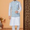 Royal White and Light Aqua Blue Designer Men’s Kurta Jacket Sets for Engagement, Festivals, Reception, Sangeet, and Party