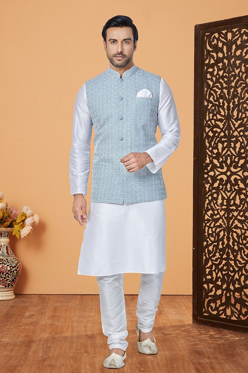 Royal White and Light Aqua Blue Designer Men’s Kurta Jacket Sets for Engagement, Festivals, Reception, Sangeet, and Party