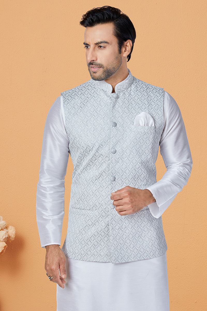 Vibrant White and Light Grey Designer Men’s Kurta Jacket Sets for Engagement, Festivals, Reception, Sangeet, and Party