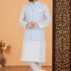 Amazing White and Sky Blue Designer Men’s Kurta Jacket Sets for Engagement, Festivals, Reception, Sangeet, and Party