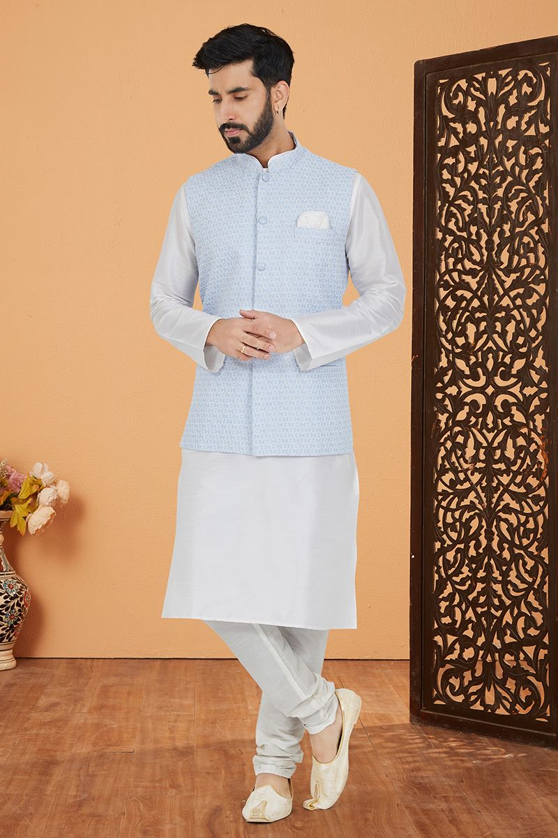 Amazing White and Sky Blue Designer Men’s Kurta Jacket Sets for Engagement, Festivals, Reception, Sangeet, and Party