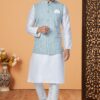 Awesome White and Light Greyish Blue Designer Men’s Kurta Jacket Sets for Engagement, Festivals, Reception, Sangeet, and Party