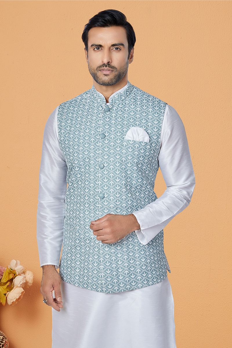 Awesome White and Light Greyish Blue Designer Men’s Kurta Jacket Sets for Engagement, Festivals, Reception, Sangeet, and Party