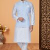 Marvelous White and Sky Blue Designer Men’s Kurta Jacket Sets for Engagement, Festivals, Reception, Sangeet, and Party