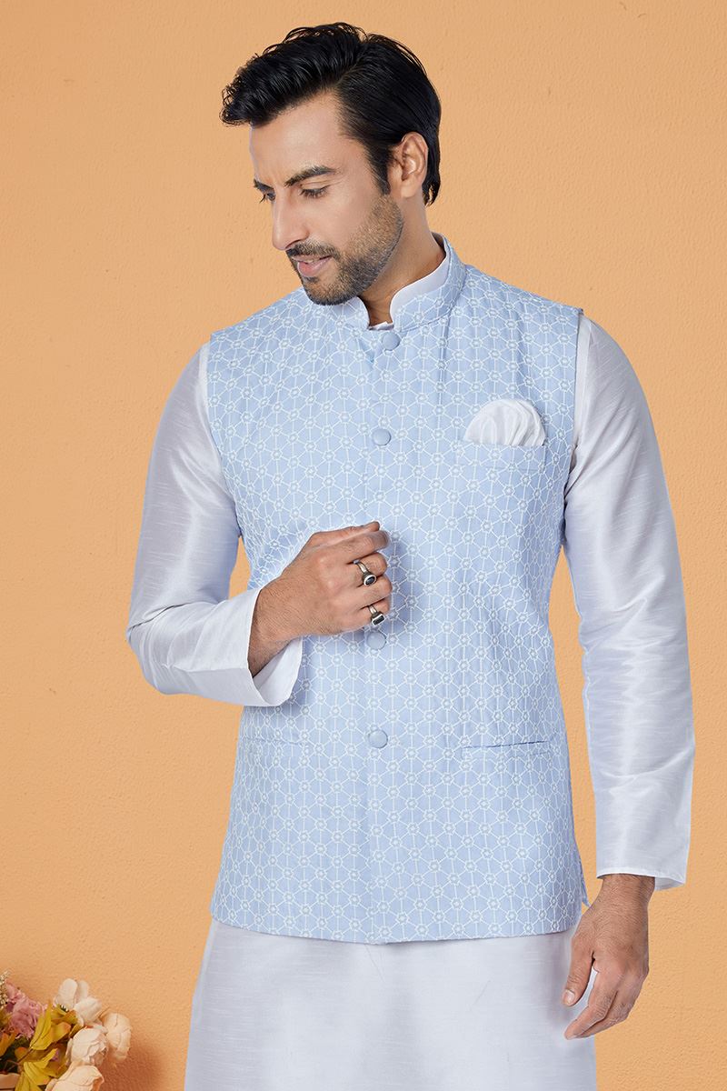 Marvelous White and Sky Blue Designer Men’s Kurta Jacket Sets for Engagement, Festivals, Reception, Sangeet, and Party