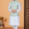 Fancy White and Pista Designer Men’s Kurta Jacket Sets for Engagement, Festivals, Reception, Sangeet, and Party