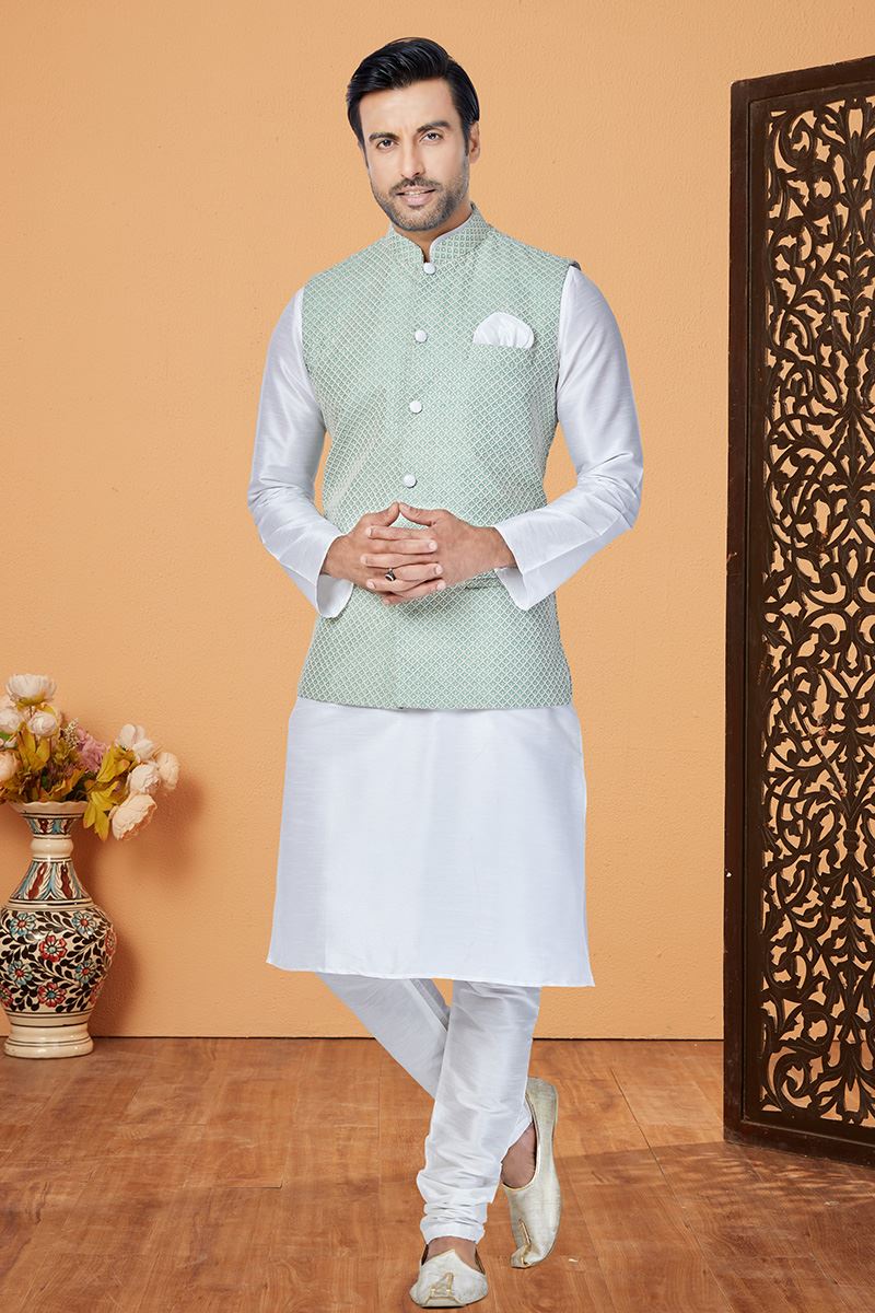 Fancy White and Pista Designer Men’s Kurta Jacket Sets for Engagement, Festivals, Reception, Sangeet, and Party