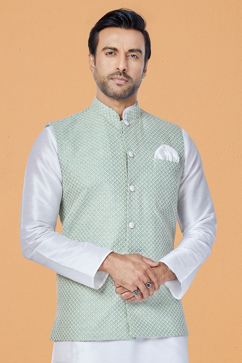 Fancy White and Pista Designer Men’s Kurta Jacket Sets for Engagement, Festivals, Reception, Sangeet, and Party