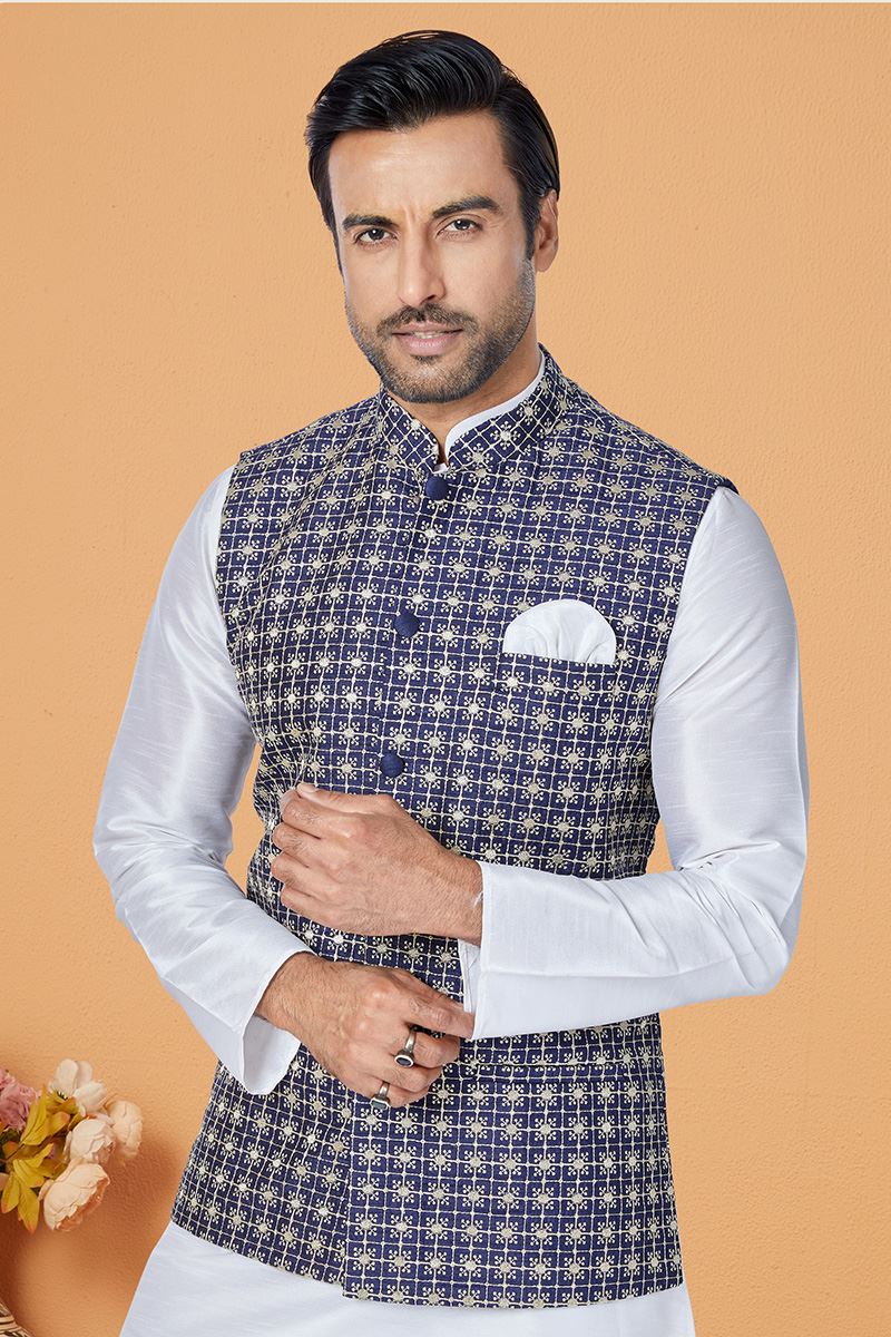 Elegant White and Blue Designer Men’s Kurta Jacket Sets for Engagement, Festivals, Reception, Sangeet, and Party