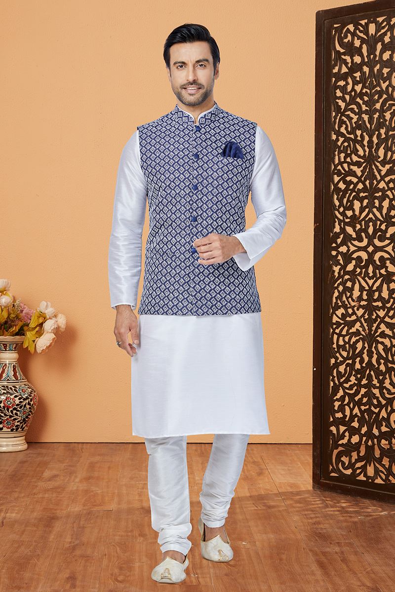 Dashing White and Blue Designer Men’s Kurta Jacket Sets for Engagement, Festivals, Reception, Sangeet, and Party