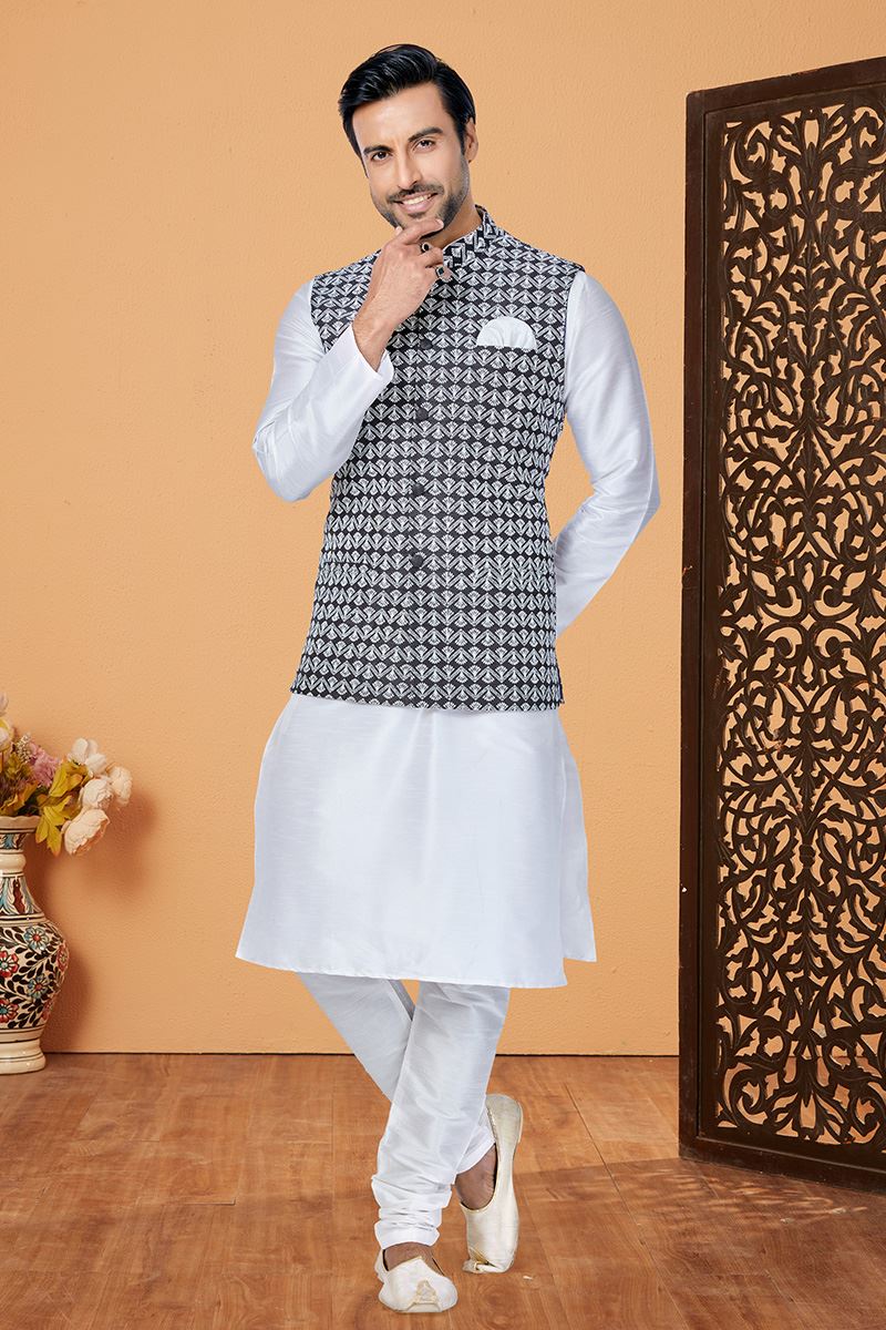 Attractive White and Black Designer Men’s Kurta Jacket Sets for Engagement, Festivals, Reception, Sangeet, and Party