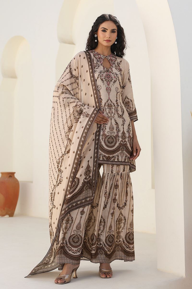 Flawless Beige Designer Gharara Suit for Engagement, Reception, Festivals, Sangeet, and Parties