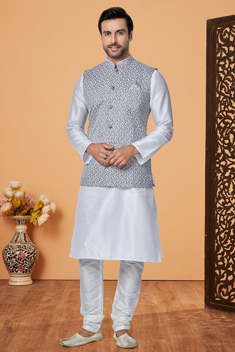 Stylish White and Grey Designer Men’s Kurta Jacket Sets for Engagement, Festivals, Reception, Sangeet, and Party