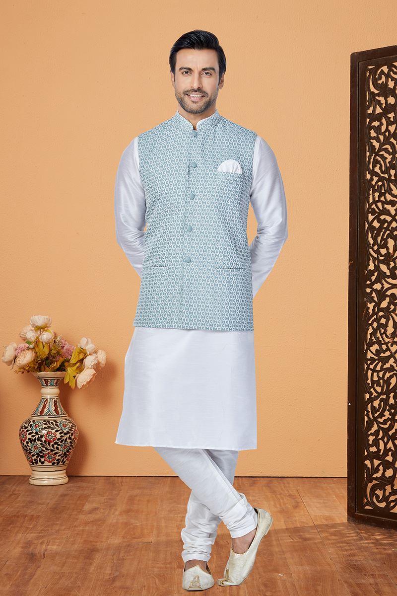 Aesthetic White and Light Greyish Blue Designer Men’s Kurta Jacket Sets for Engagement, Festivals, Reception, Sangeet, and Party