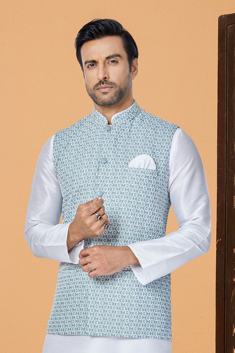 Aesthetic White and Light Greyish Blue Designer Men’s Kurta Jacket Sets for Engagement, Festivals, Reception, Sangeet, and Party