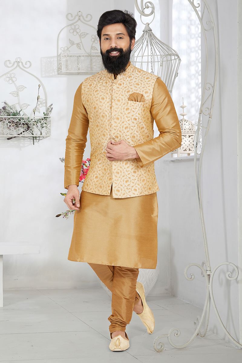 Captivating Chiku and Cream Designer Men’s Kurta Jacket Sets for Engagement, Wedding, Festivals, Reception, Sangeet, and Party