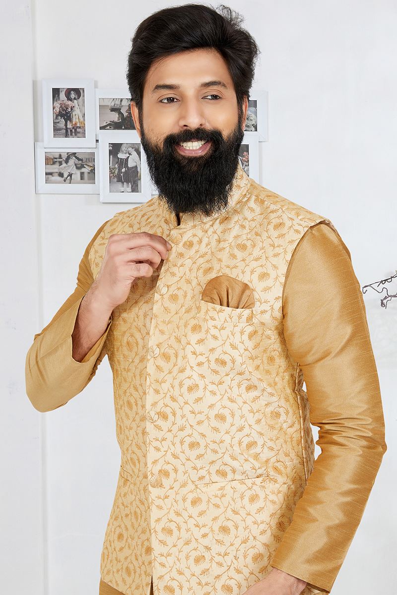 Captivating Chiku and Cream Designer Men’s Kurta Jacket Sets for Engagement, Wedding, Festivals, Reception, Sangeet, and Party