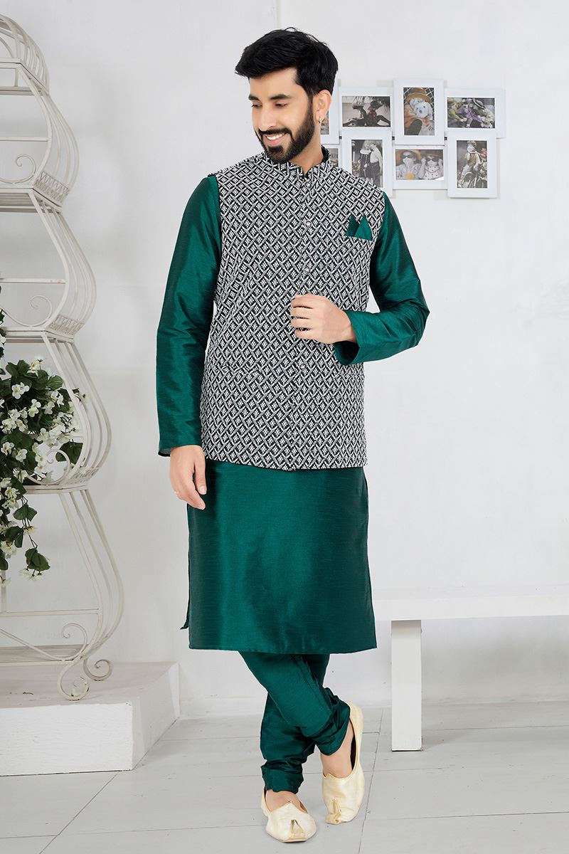 Charismatic Rama Green Designer Men’s Kurta Jacket Sets for Engagement, Wedding, Festivals, Reception, Sangeet, and Party