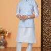 Majestic Off-White and Sky Blue Designer Men’s Kurta Jacket Sets for Engagement, Festivals, Reception, Sangeet, and Party