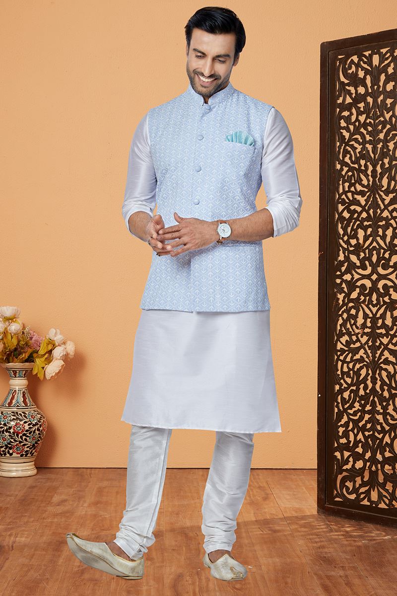 Majestic Off-White and Sky Blue Designer Men’s Kurta Jacket Sets for Engagement, Festivals, Reception, Sangeet, and Party