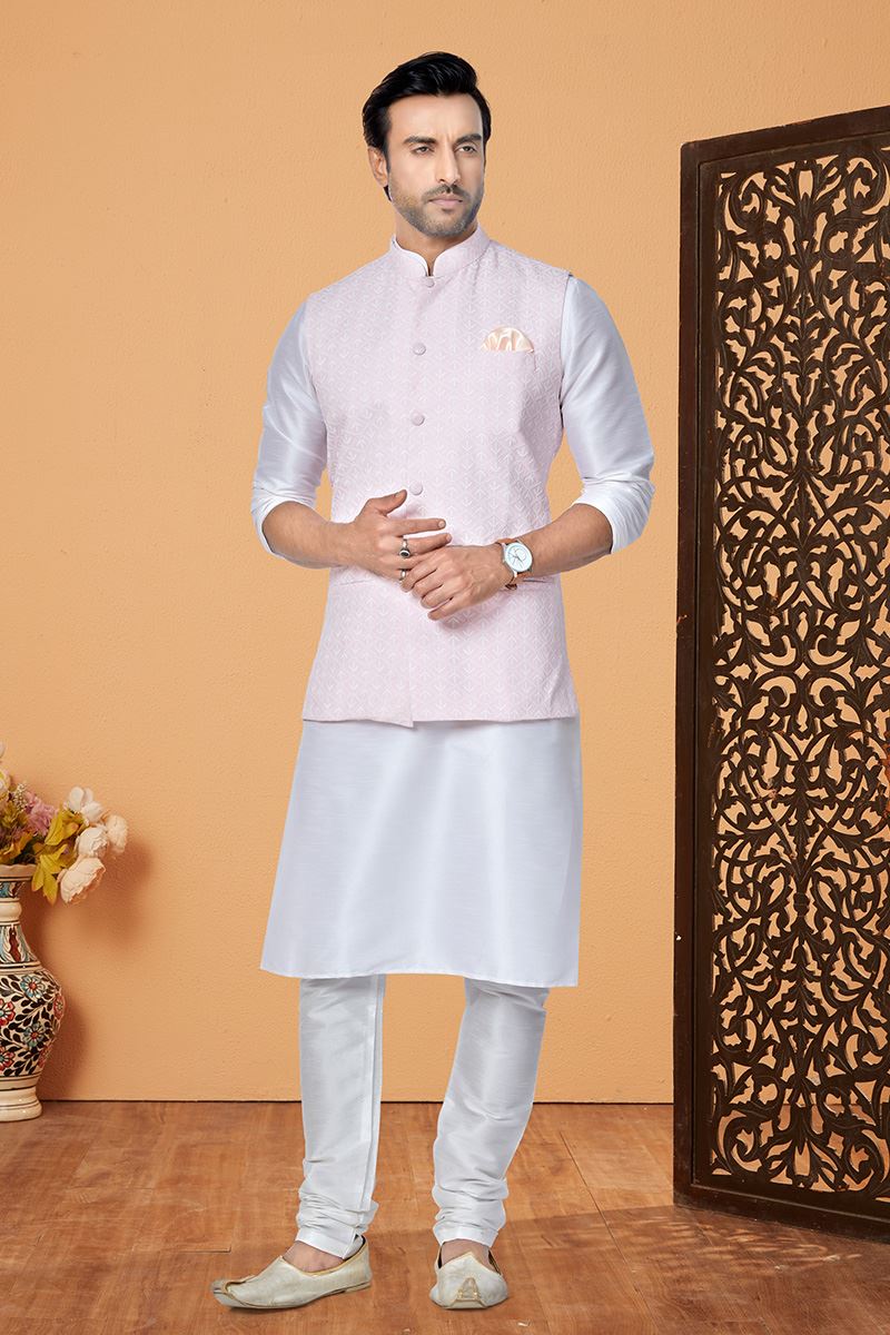 Appealing Off-White and Light Pink Designer Men’s Kurta Jacket Sets for Engagement, Festivals, Reception, Sangeet, and Party