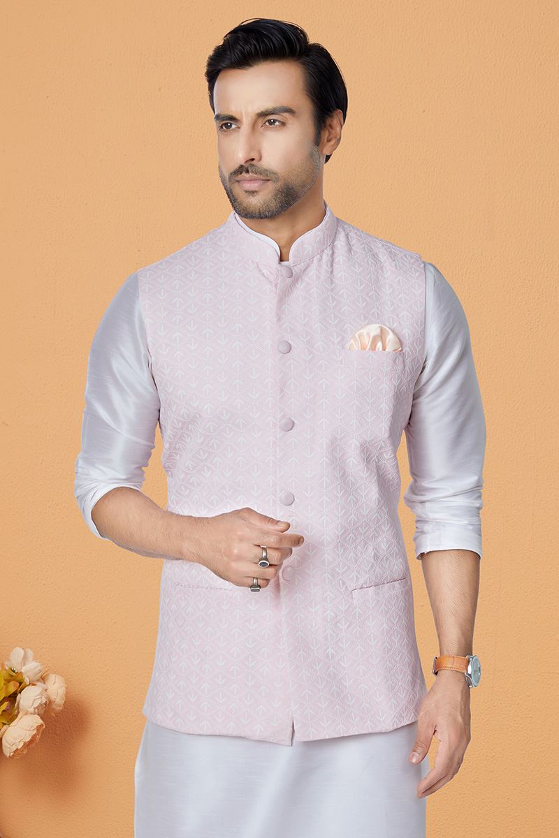 Appealing Off-White and Light Pink Designer Men’s Kurta Jacket Sets for Engagement, Festivals, Reception, Sangeet, and Party