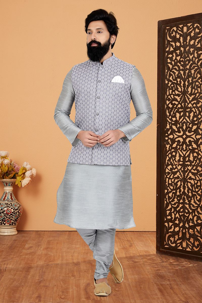Fashionable Grey Designer Men’s Kurta Jacket Sets for Engagement, Festivals, Reception, Sangeet, and Party