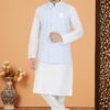 Magnificent White and Sky Blue Designer Men’s Kurta Jacket Sets for Engagement, Festivals, Reception, Sangeet, and Party