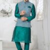 Impressive Rama Green and Multi Designer Men’s Kurta Jacket Sets for Engagement, Wedding, Festivals, Reception, Sangeet, and Party