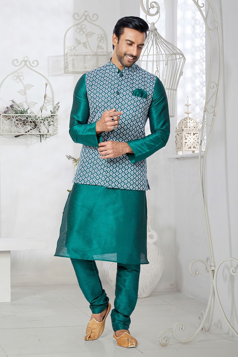 Impressive Rama Green and Multi Designer Men’s Kurta Jacket Sets for Engagement, Wedding, Festivals, Reception, Sangeet, and Party
