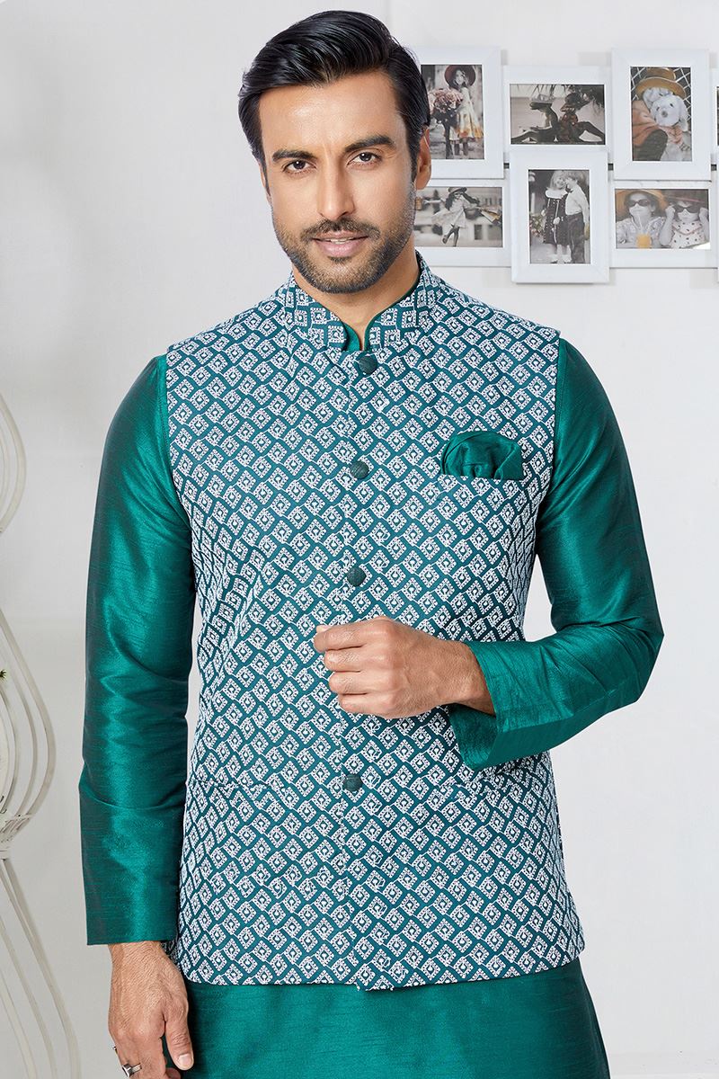 Impressive Rama Green and Multi Designer Men’s Kurta Jacket Sets for Engagement, Wedding, Festivals, Reception, Sangeet, and Party