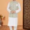 Delightful White and Light Mehendi Designer Men’s Kurta Jacket Sets for Engagement, Festivals, Reception, Sangeet, and Party
