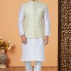 Exquisite White and Light Mehendi Designer Men’s Kurta Jacket Sets for Engagement, Festivals, Reception, Sangeet, and Party