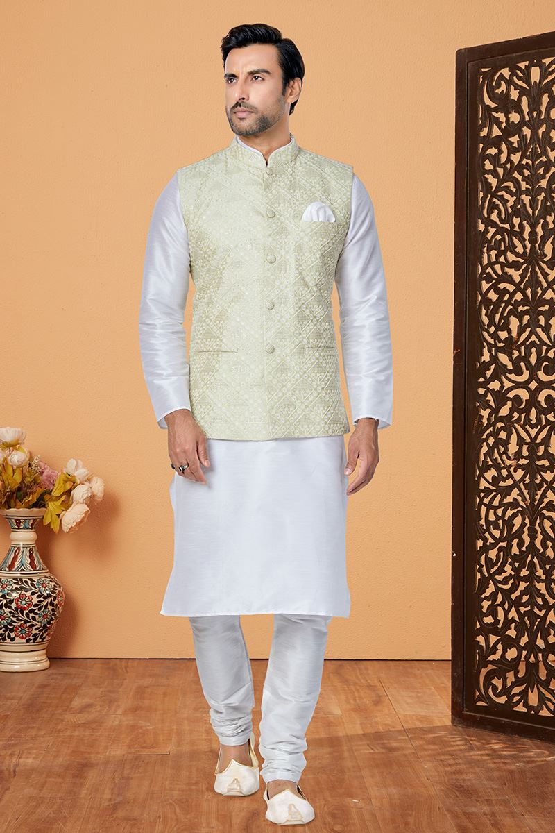 Exquisite White and Light Mehendi Designer Men’s Kurta Jacket Sets for Engagement, Festivals, Reception, Sangeet, and Party