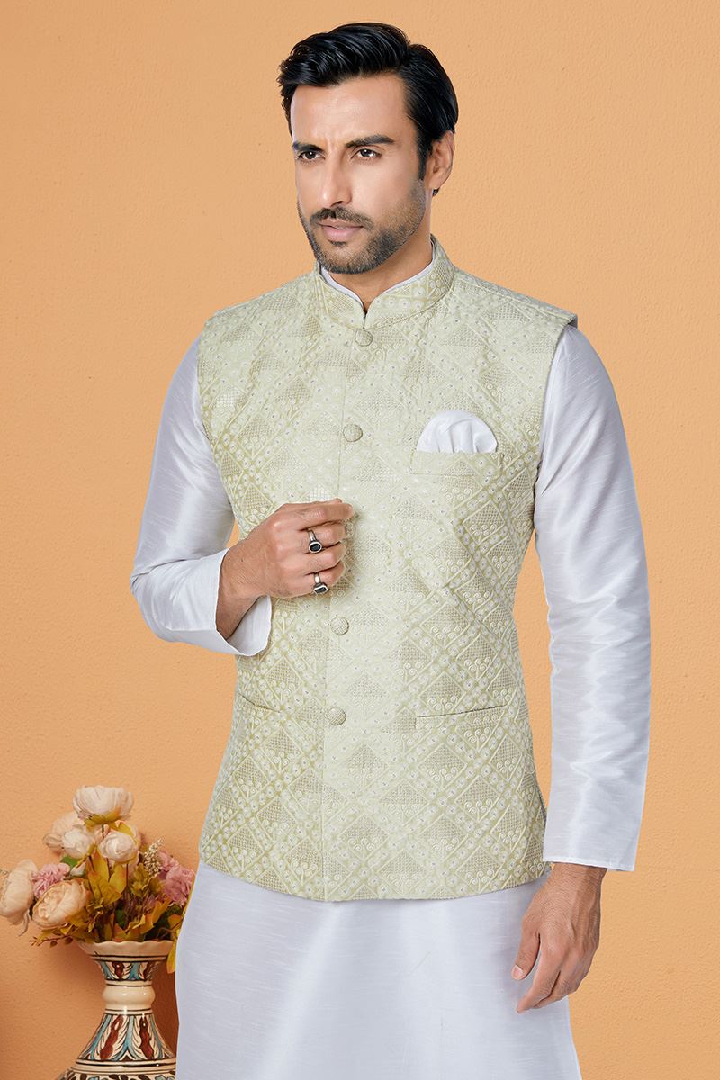 Exquisite White and Light Mehendi Designer Men’s Kurta Jacket Sets for Engagement, Festivals, Reception, Sangeet, and Party