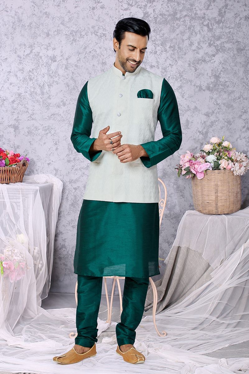 Charming Rama Green and Off-White Designer Men’s Kurta Jacket Sets for Engagement, Festivals, Reception, Sangeet, and Party