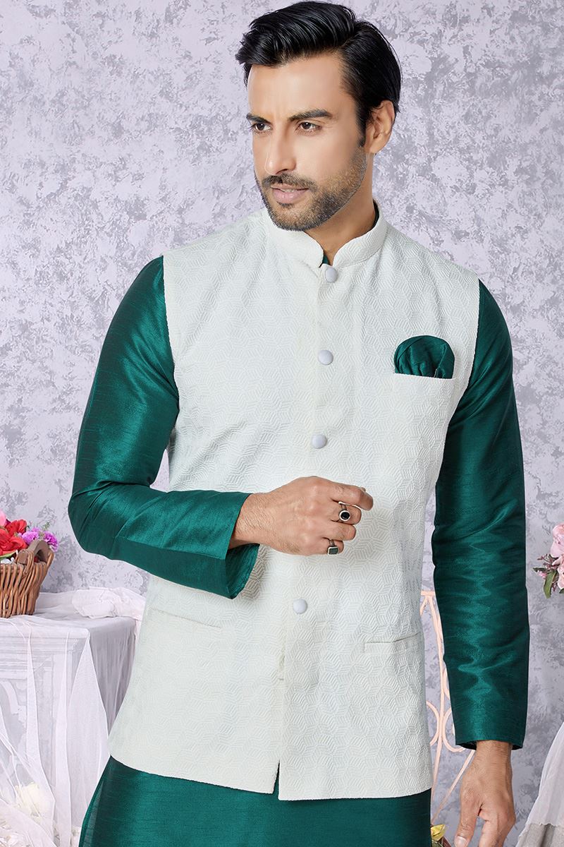 Charming Rama Green and Off-White Designer Men’s Kurta Jacket Sets for Engagement, Festivals, Reception, Sangeet, and Party