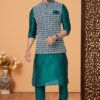 Exuberant Rama Green Designer Men’s Kurta Jacket Sets for Engagement, Wedding, Festivals, Reception, Sangeet, and Party