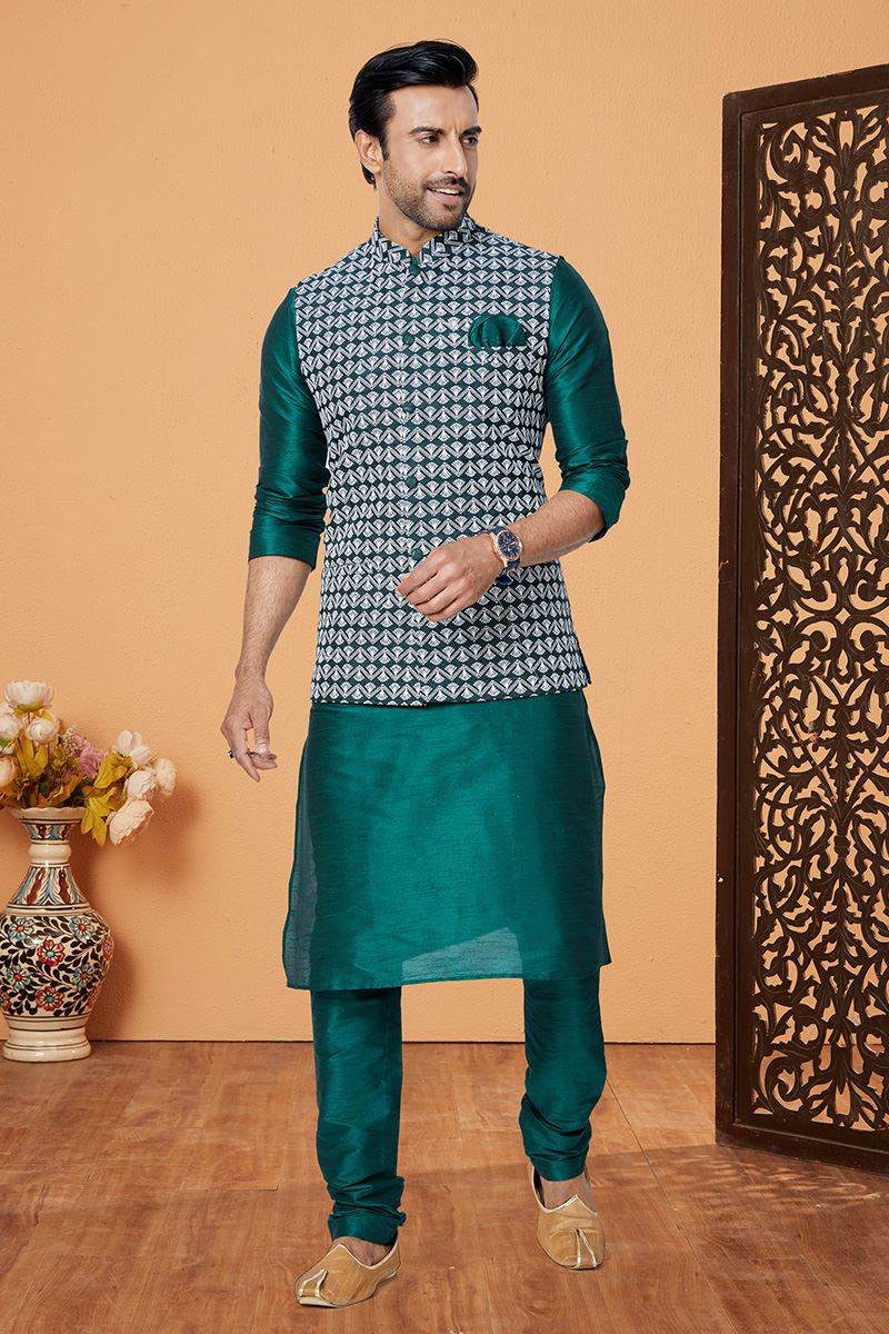 Exuberant Rama Green Designer Men’s Kurta Jacket Sets for Engagement, Wedding, Festivals, Reception, Sangeet, and Party