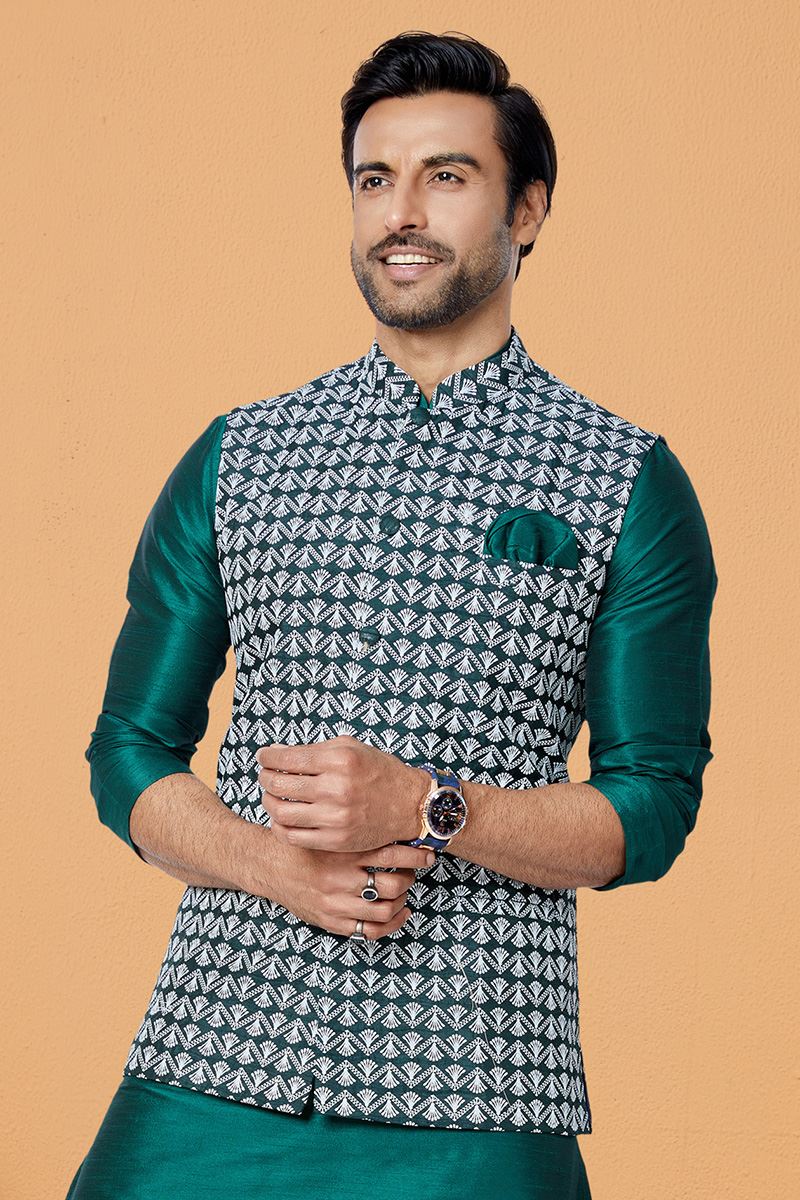 Exuberant Rama Green Designer Men’s Kurta Jacket Sets for Engagement, Wedding, Festivals, Reception, Sangeet, and Party